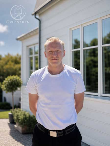 Adam Nordin utanför ett hus i Karlskrona